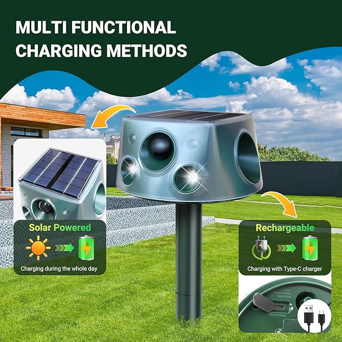 Solar Ultrasonic Animal Repellent, Waterproof Deer Repellent Devices with Motion Detection, 3 Mode, Cat Repellent Outdoor Squirrel Skunk Rabbit Raccoon Dog Mouse Deterrents Repeller for Yard Patio