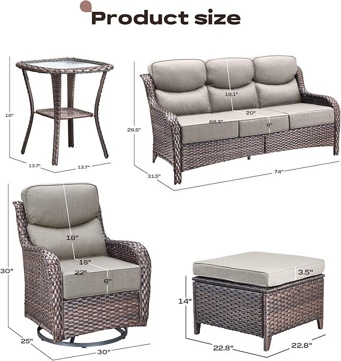 Wicker Outdoor Patio Furniture Set - 6 Piece Patio Conversation Sets with Swivel Rocker Chairs, Ottomans, Sofa and Side Table, 6 inch Cushions, Waterproof Wicker, for Porch Deck Brown/Beige