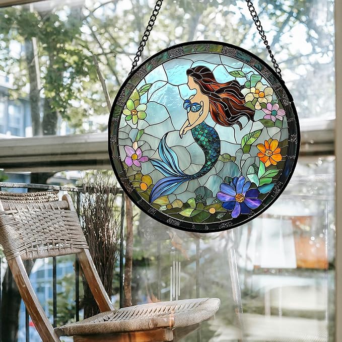 Stained Glass Window Hanging - Light Blue Mermaid Suncatcher for Door Terrace Garden Home Decor, Ocean Flowers Sun Catcher Birthday Gifts for Lovers Women Men Dad Mom Nana 15 in