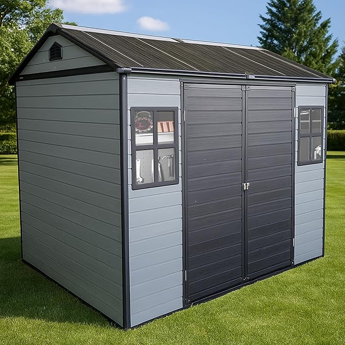 8x6ft Resin Outdoor Storage Shed with Floor and 2 Windows, Plastic Sheds & Outdoor Storage Clearance for Patio Furniture, GardenTools, Bike Accessories and Lawn Mower, Black+Grey