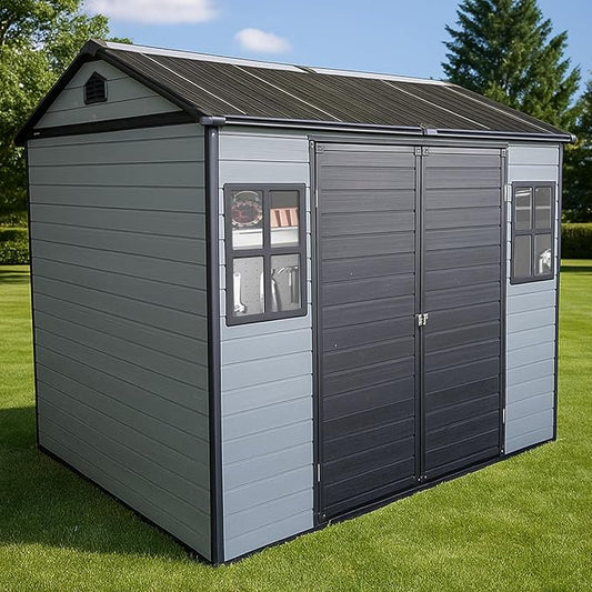 8x6ft Resin Outdoor Storage Shed with Floor and 2 Windows, Plastic Sheds & Outdoor Storage Clearance for Patio Furniture, GardenTools, Bike Accessories and Lawn Mower, Black+Grey
