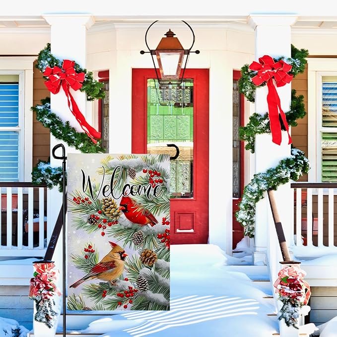 Welcome Winter Garden Flag Christma Cardinal Birds Yard Flag Red Bird Berry Trees Pine Snow Vertical House Banner Pinecone Garden Flags for Xmas Rustic Farmhouse 12x18 Inch