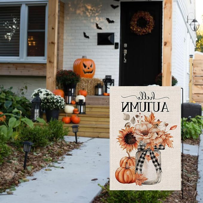 Fall Garden Flag 12 x 18 Inch Double Sided Hello Pumpkin Sunflower Maple Leaves Designs Autumn Burlap Yard Flag for Outside Rustic Yard Outdoor Holiday Home Decoration