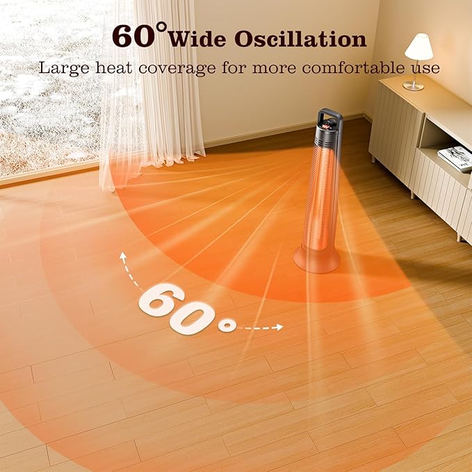 Outdoor Patio Heater, Electric Infrared Heat for Garage Backyard Indoor use, Portable Space Radiant Tower Heater with 60°Oscillating, Safety Lock, IP65 Waterproof, Black