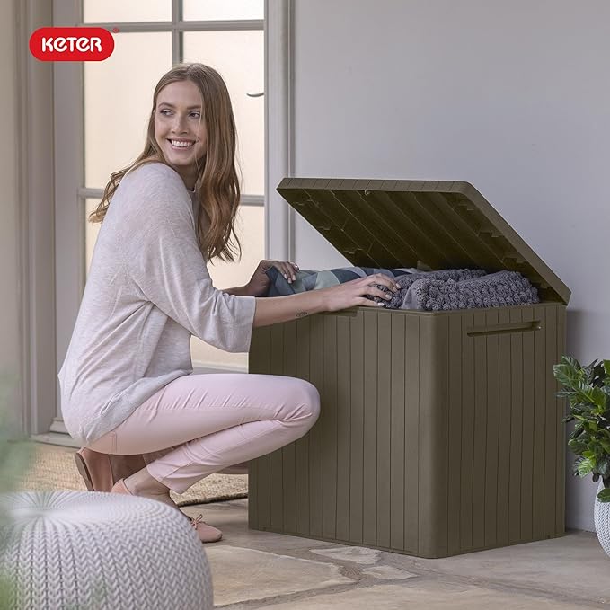 Keter City 30 Gallon Resin Outdoor Storage Box and Patio Furniture Side Table for Pool and Garden Accessories, Mossy Brown