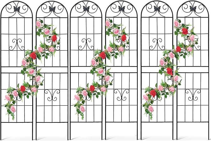 6 Pack Metal Garden Trellis 87" Tall for Climbing Plants Garden Fence Rustproof Outdoor Trellis Support Roses Flower Lawn, Black 7.2FT