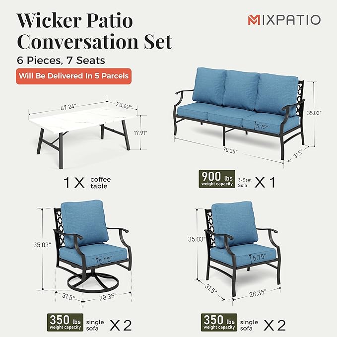 Patio Furniture Set 6 pcs, Outdoor Patio Furniture, 1 X 3-Seat Sofa, 2 X Single Chairs, 2 X Swivel Chairs, 1 X Coffee Table and 5.75" Extra Thick Cushion, Patio Conversation Set,Navy Blue