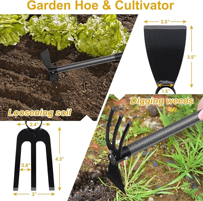 Garden Hoe, 2 in 1 Hand Hoe Garden Tools,60 Inch Long Handle,Garden Hoe and Cultivator for Weeding Cultivating Planting, Small Hand Rake Tiller for Flower Bed Gardening, Loosening Soil