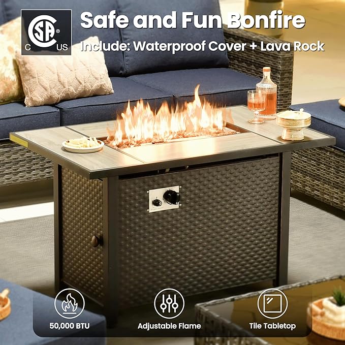 ovios 7 Pieces Patio Furniture Set, Outdoor Wicker Sofa Couch with Rocking Swivel Chairs Fire Pit Table, Modern Deep Seat Rattan Conversation Sets for Porch Deck, Denim Blue