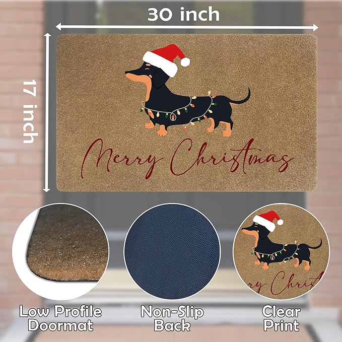 Merry Christmas Dachshund Faux Coir Door Mats Outdoor, Weiner Dog Gifts Door Mat for Home Outside Entryway, Christmas Dog Welcome Doormat for Indoor Outdoor Porch Entrance, 17x30 Inch