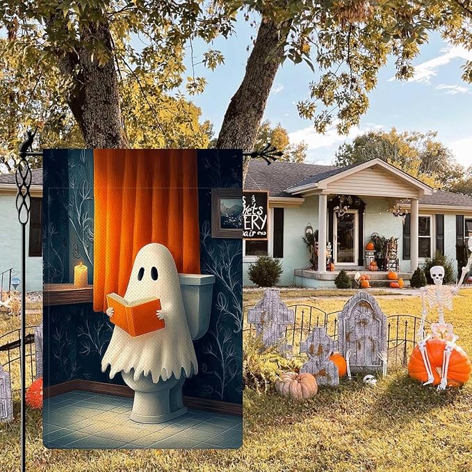 Vintage Cute Ghost Reading on Toilet Garden Flag Halloween Holiday Garden Flag Vertical Double Sided Rustic Farmland Burlap Yard Lawn Outdoor Decor 12.5x18"