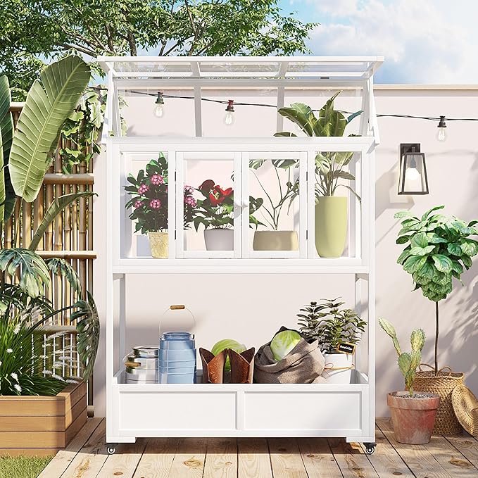 Garden Wood Portable Cold Frame - Mini Greenhouse with Wheels, Open Roof & Storage (White + Beige + Beige)