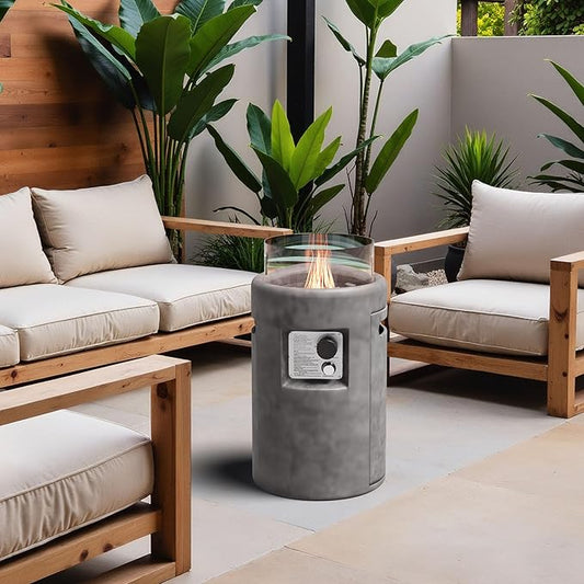 SUNBURY Outdoor Propane Fire Pit, Stone Like Fire Pit Table with Glass Wind Guard, Waterproof Cover, 40000BTUS Small Column Firepit Garden Lighting, CSA Certified (Grey)