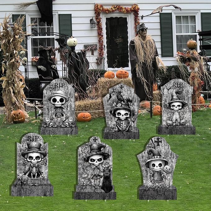 6pcs Halloween Tombstones Outdoor Yard Signs: Grave Skeletons, Black Cat, Crow, 11”x16.53 Halloween Home Party Decorations, Waterproof Safety Boards