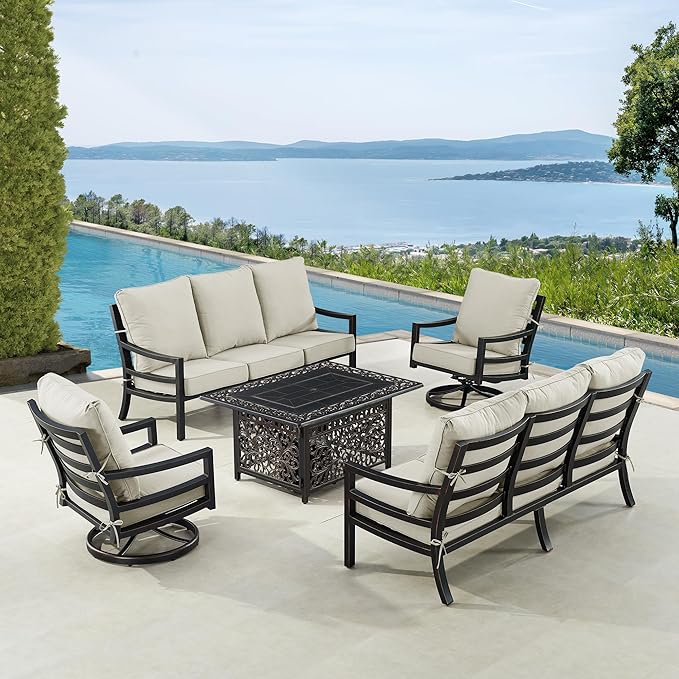 Oakland Living Black Aluminum Patio Fire Table Set with Two Deep Seating Sofa with Cushions and Two Club Chairs with Light Grey Cushions