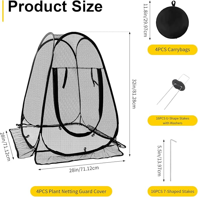 4 Pack Pop-Up Mesh Plant Protectors - 28x28x34 Inch Plant Cover Net Each Set with 8 Stakes (with Washers) & 1 Carry Bag to Protect Vegetables, Fruits, Flowers