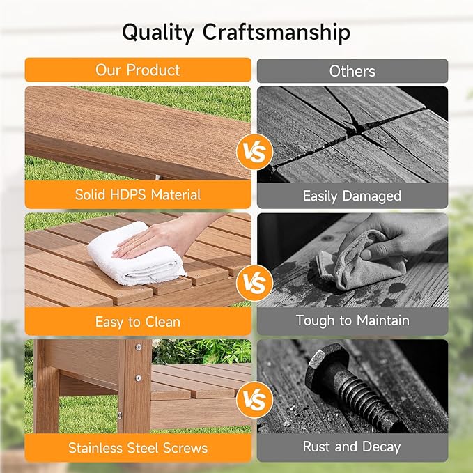 HDPS Potting Bench, All Weather Potting Table with 33.18" Highten Tabletop and 8 Hooks, Easy Assembly Garden Work Bench, Outdoor Potting Benches for Outside Patio Lawn, 360LBS Capacity, Teak