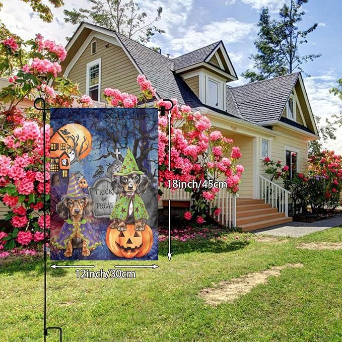 Dachshund Dog Halloween Tombstone Scary Pumpkin Garden Flag Welcome Party Outdoor Outside Decorations Picks Home House Garden Yard Decor 12x18 Inch