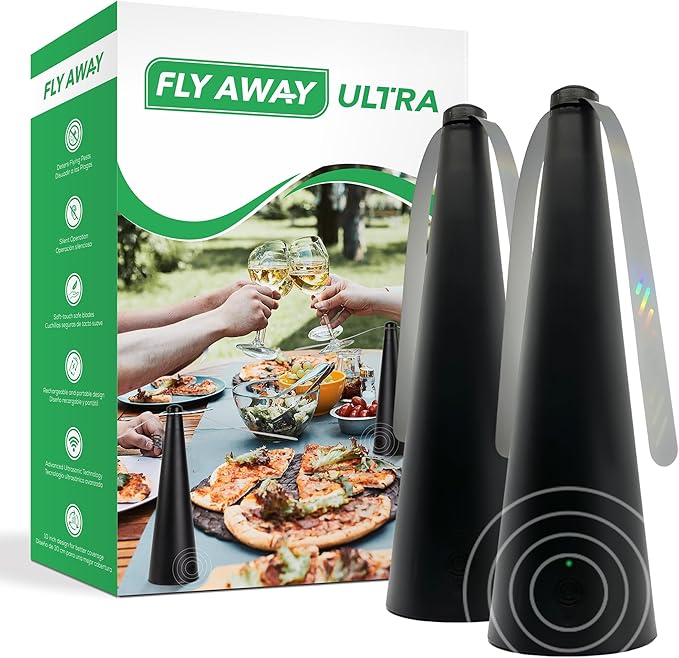 Fly Away Ultra - 2 Pack Rechargeable Outdoor Fly Fans for Tables with Ultrasound, Outdoor or Indoor Tabletop use, Restaurant, Barbeque, Events, Deter Flies, Wasps, Bees, Moscas and Bugs, Hanging Hook.