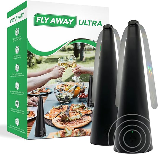Fly Away Ultra - 2 Pack Rechargeable Outdoor Fly Fans for Tables with Ultrasound, Outdoor or Indoor Tabletop use, Restaurant, Barbeque, Events, Deter Flies, Wasps, Bees, Moscas and Bugs, Hanging Hook.