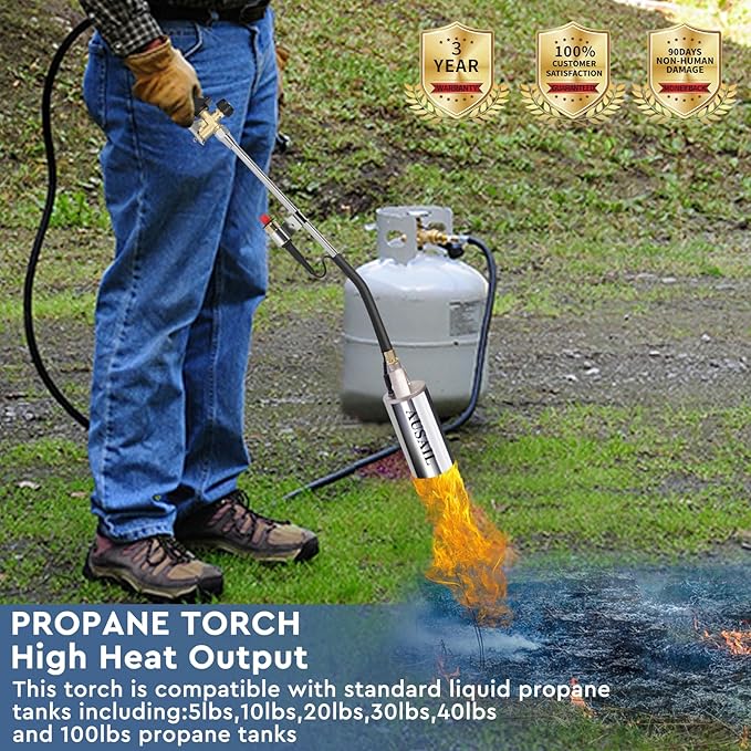 Propane Torch Weed Burner with Storage Bag,Blow Torch,Heavy Duty,High Heat Output,Flamethrower with Turbo Trigger Push Button Igniter and 10 FT Hose for Roof Asphalt,Ice Snow,Road Marking