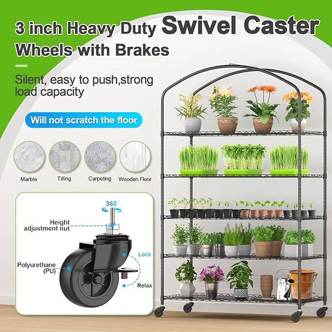 Abimars 5-Tier Greenhouse with Caster Wheel, Each Shelf Height Adjustable Metal Plant Shelf with PVC Cover for Seed Starting Trays, Seedling Pots, Plant Pots, 21x49x80inch