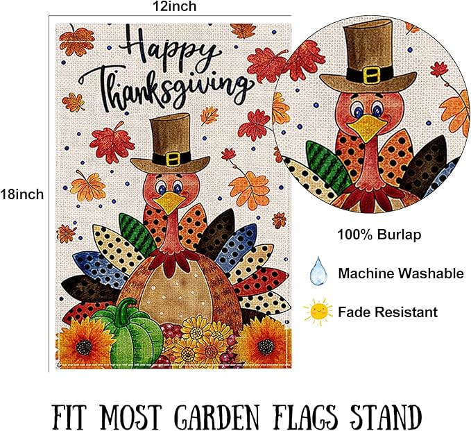 Fall Garden Flag 12 x 18 Inch Double Thanksgiving Sided Cute Turkey Maple Leaves Sunflower Designs Autumn Burlap Yard Flag for Outside Rustic Yard Outdoor Holiday Home Decoration