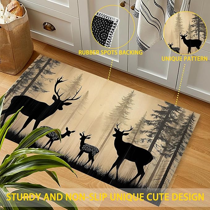 Vintage Forest Deer Family Welcome Mat Indoor,Rustic Animal Front Door Mat,Non-Slip Entryway Rug, Low Profile Felt Indoor Doormat for Back Door Porch Patio Entrance,30 x 17 Inch
