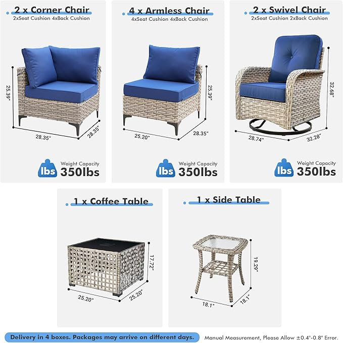 Outdoor Sectional Patio Furniture Set with Swivel Rocking Chairs,10 Pieces Wicker Conversation Sets L Shaped Couch Out Door Sofa Set Outside Furniture for Garden Deck Yard Porch,Navy Blue