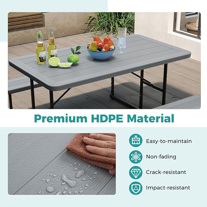 Giantex Picnic Table Bench Set for 4 People, 4.5FT Outdoor Rectangular Dining Table & 2 Benches w/Umbrella Hole, HDPE Tabletop, Metal Frame, Patio Garden Backyard Poolside (4.5FT,Non-Foldable,Gray)
