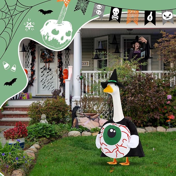 Sanwuta 1 Set Halloween Porch Goose Outfit Eyeball Pillow Design with Hat for 23" Lawn Cement Goose Porch Geese Clothes Costume for Halloween Garden Patio Yard Outdoor Decorations