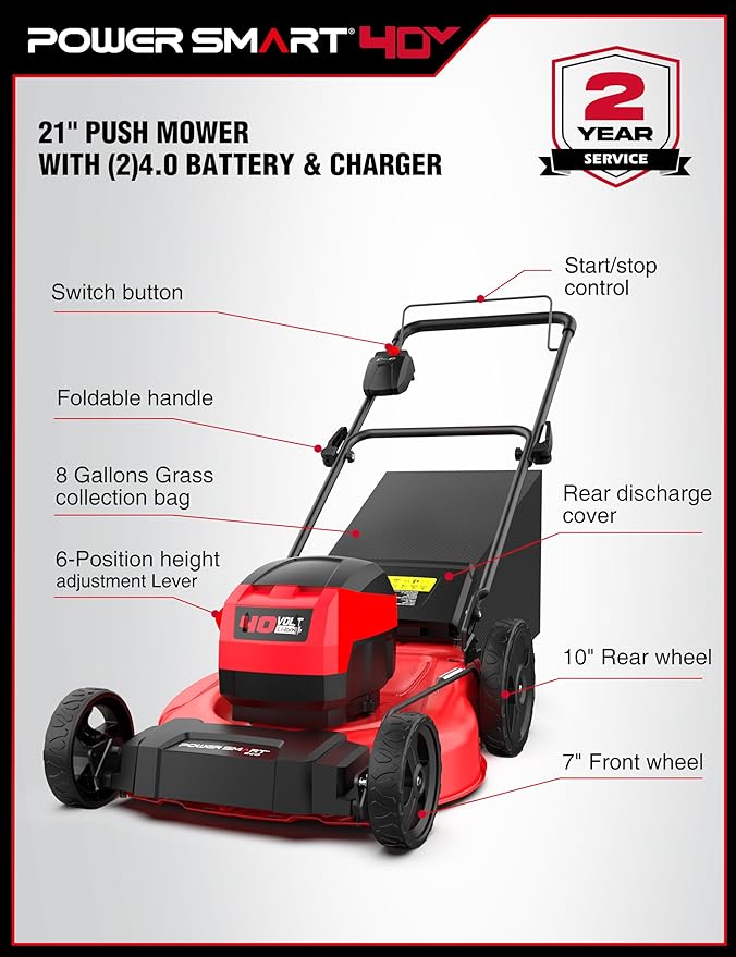 PowerSmart 40V 21" Cordless Lawn Mower, Up to 1/4 Acre, 2 x 40V 4.0Ah Batteries and a Charger Included, 6-Position Height Adjustment