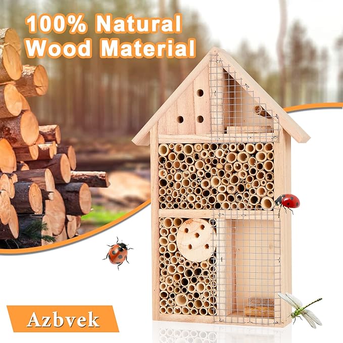 Wooden Insect House Hotel for Bee, Butterfly, Ladybirds, Beneficial Insect Habitat, Bug Hotel Garden 11.7" x 7.7" (B)