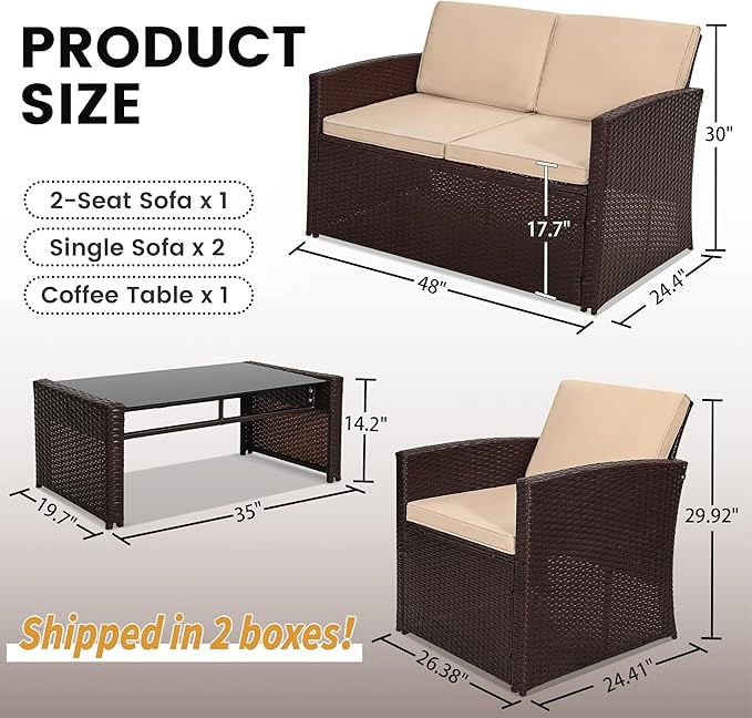 4 Pieces Patio Conversation Set, Outside Rattan Sectional Sofa, Cushioned Furniture Set, Wicker Sofa Ideal for Garden, Porch, Backyard, Brown Color Rattan and Beige Cushion