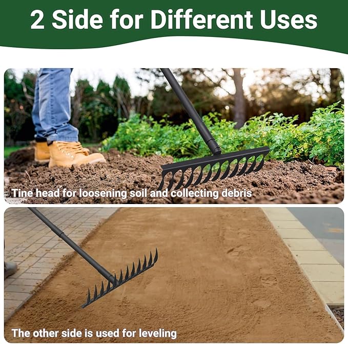 Garden Metal Bow Rake with 60 Inch Long Adjustable Handle,17 Inch Wide Heavy Duty Yard Thatch Rock Rakes for Gardening, Lawn Leveling, Loosening Soil, Gathering Grass, Gravel, Mulch, Leaves