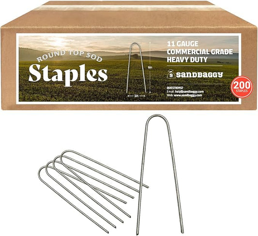 Sandbaggy Round Top 6-Inch Landscape Staples ~ SOD Garden Stakes Square Pin for Ground Cover Fabric & Drip Irrigation Tubing (200 Staples)