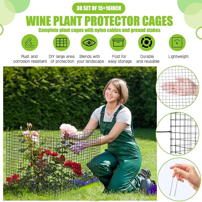 Zubebe 14 Pack Small Wire Plant Protectors Square Plant Protectors from Animals Mesh Cage Chicken Wire Cloche for Shrubs and Vegetables with Ground Stakes and Nylon Ties (15 x 16 Inch)