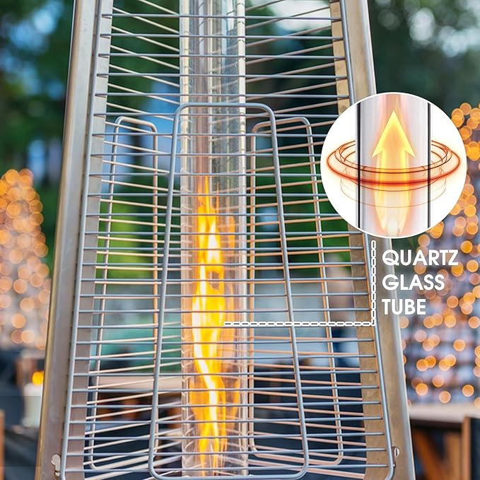 Pyramid Patio Heater 42,000 BTU, Propane Outdoor Heater with Glass Tube and Wheels, Patio Heater with Protection System, Stainless Steel, Suitable for Outdoor Commercial & Residential Use, Silver