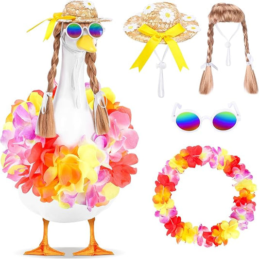 DECOHS 4 Pcs/Set Hawaiian Porch Goose Outfits, Summer Lawn Goose Statue Clothes Costume, 23"/ 17" Patio Goose Decor Hawaiian Wreath Straw Hat with Glasses Wig for Luau Party Outdoor Garden Yard Decor