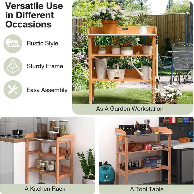 Giantex Garden Potting Bench, Outdoor Wood Workstation Table with Galvanized Steel Tabletop, 5 Hooks, 2-Tier Storage Shelves, Outside Work Station Potting Table with Raised Edge, Easy Assembly