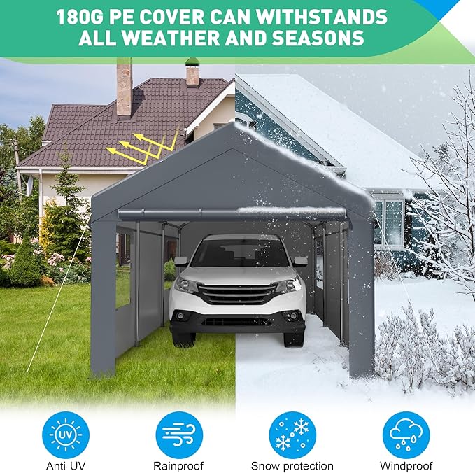 10x20 Ft Heavy Duty Carport, Portable Garage with Sidewalls, Doors, Ventilated Windows, Waterproof and UV Resistant Carport Canopy for Cars, Boats, Suvs, Gray