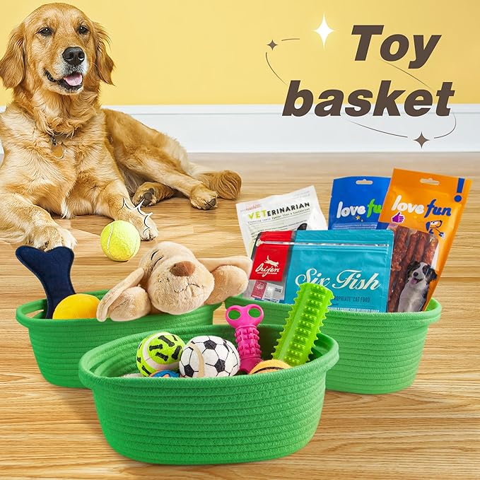 Pro Goleem Small Woven Basket with Gift Bags and Ribbons Durable Baskets for Gifts Empty Small Rope Basket for Storage 12"X 8" X 5" Baby Toy Basket with Handles, Grass Green