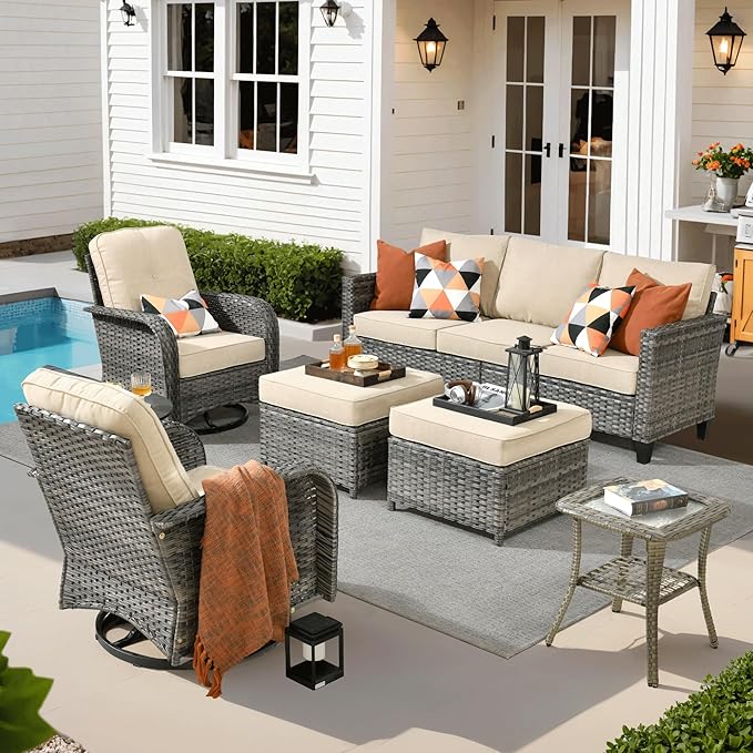ovios 6 Pieces Patio Furniture Set, Outdoor Wicker Sofa Couch with Rocking Swivel Chairs Comfy Cushions, Modern Deep Seat Rattan Conversation Sets for Porch Deck, Beige