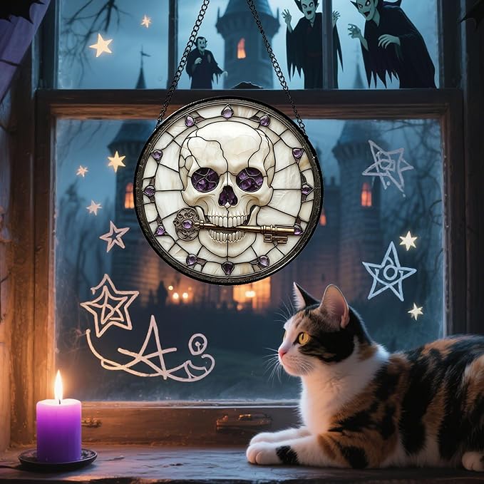 Stained Glass Window Hanging - Halloween Scary Skull Suncatcher for Doors Garden Home Spooky Purple Skeleton Key Sun Catchers Gothic Decor Horror Gifts for Women Men Friend Boy Girl 9.8 in