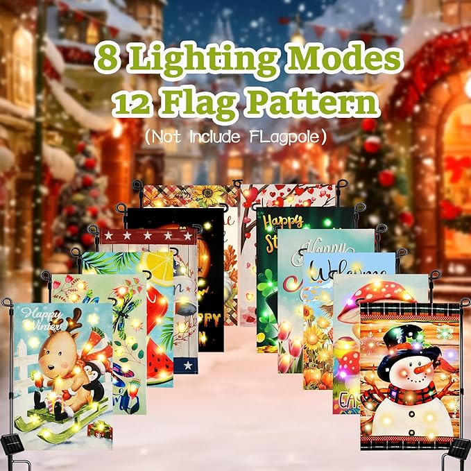 Solar Seasonal Garden Flags Set of 12, Lighted 12×18 Double-Sided Yard Flags for Outside Halloween Christmas Fall Thanksgiving Day Decorations Welcome Flag Outdoor Holiday Decor