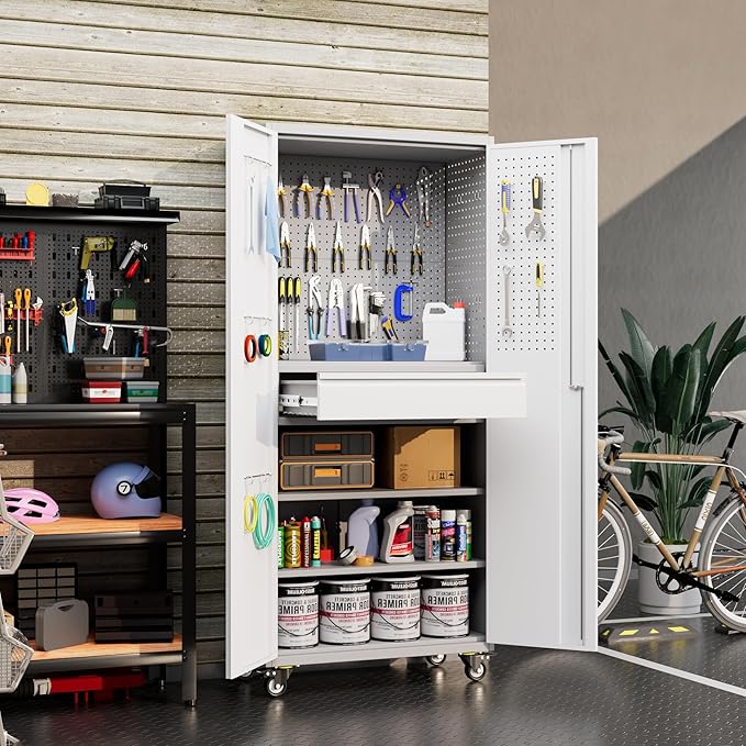 71" H Metal Garage Storage Cabinet with Wheels and Doors,Rolling Tool Cabinet with Pegboard,Rod and Drawer for Garage Warehouse Home,Required Assembly,Grey and White