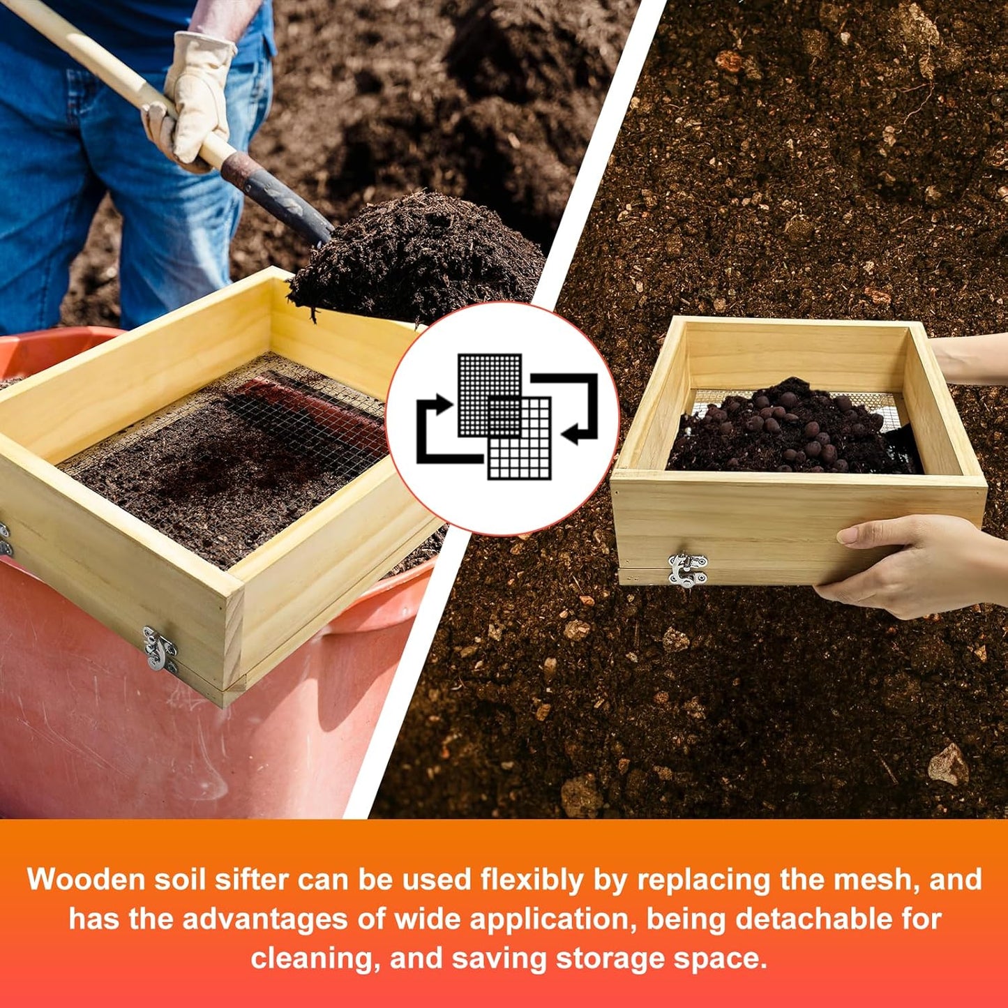 Soil Sifter 13.8"x10.2" for Garden: Wooden Dirt Sifter Replaceable Iron Mesh(0.15" & 0.35"), Multipurpose Handheld Compost Rock Sifter for Flowers, Fruit, Vegetable Plant Pots Gardening Tools