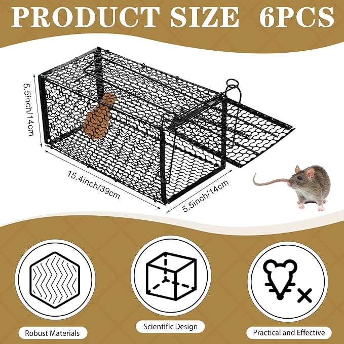 Qualirey 6 Pcs Humane Rat Trap Small Chipmunk Mouse Squirrel Cage Rodent Animal Mice Voles Hamsters Cage Catch and Release Trap for Home Garden Indoor Outdoor(15.4 x 5.5 x 5.5 Inch)