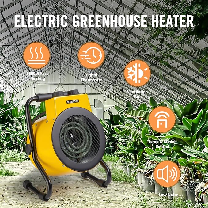 Greenhouse Heater with Digital Thermostat, Green House Heater for Plants,1500W Electric Grow Tent Heaters, Overheat Protection, Fast Heating for Green House, Flower Room, Yellow