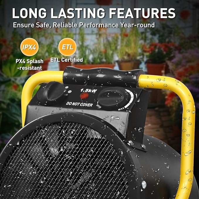 Portable Greenhouse Heater with Digital Thermostat, Overheat Protection, 1500W Radiant Electric Heater for Indoor & Outdoor Use, Garage, Grow Tent, RV, IPX4 Water Resistant, 2 Pieces, Black